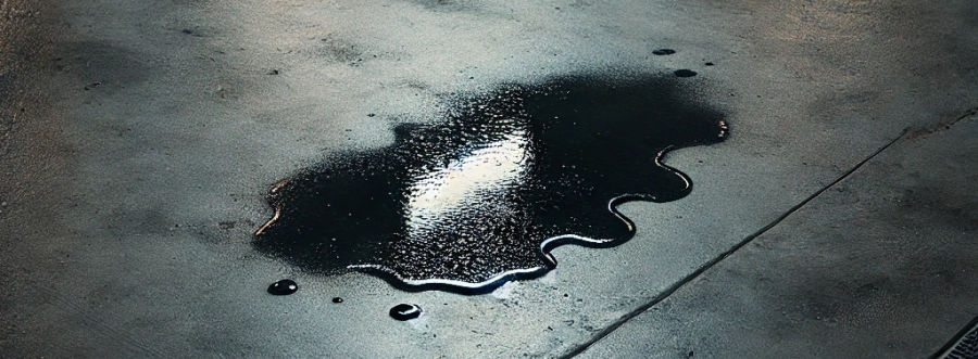 La mancha de aceite en el suelo indica la pérdida de aceite en la moto.